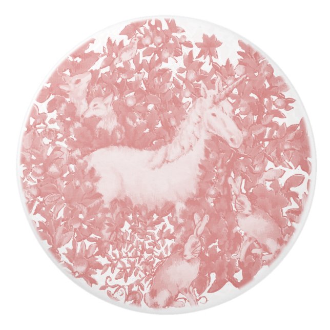 Pink Unicorn Rabbit Fox Woodland Forest Tapestry  Ceramic Knob (Front)