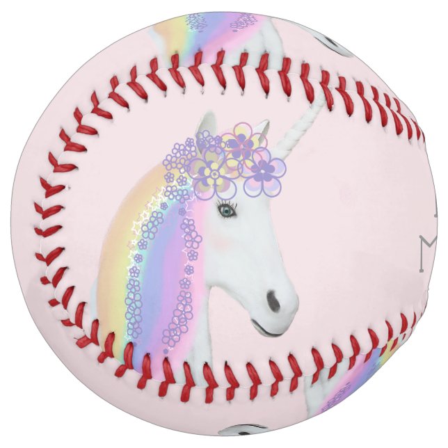 Pink Unicorn Rainbow Girls Personalized Softball (Back Right)