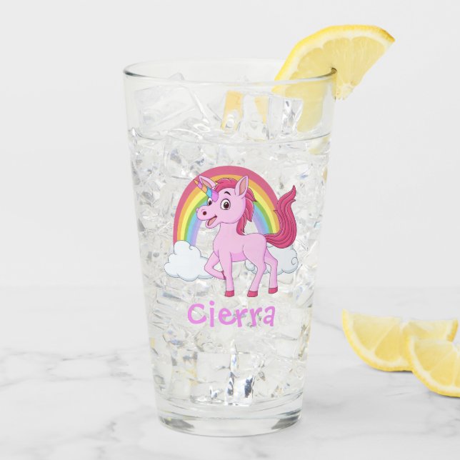 Pink Unicorn Rainbow Personalized Name Glass (Back Ice)