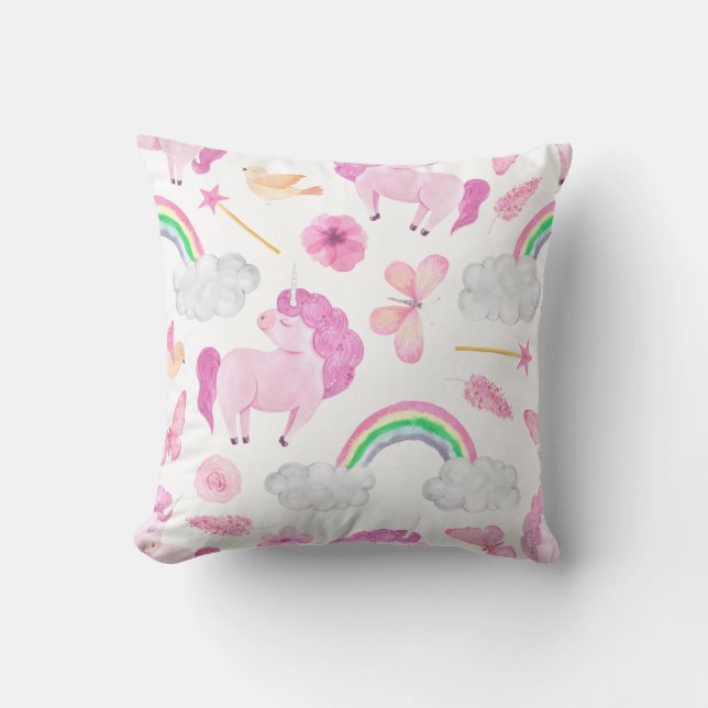 Pink Unicorn Rainbows Girly Magical Butterflies Throw Pillow (Front)