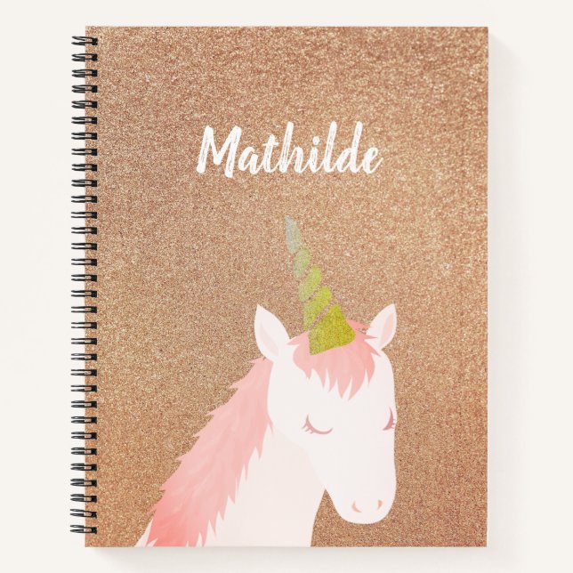Pink Unicorn Rose Gold Glitter Notebook (Front)