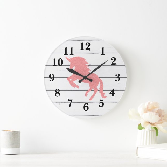 Pink Unicorn Shiplap Wood Decor Large Clock (Home)
