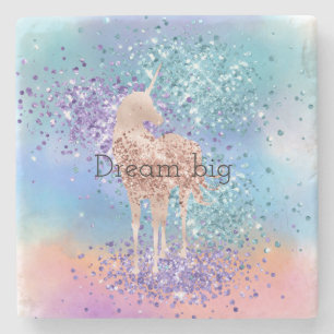 Pink Unicorn Sparkle Purple Aqua Glitter Confetti  Stone Coaster