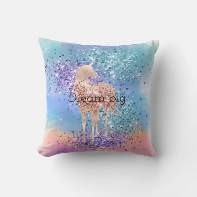 Pink Unicorn Sparkle Purple Aqua Glitter Confetti  Throw Pillow (Front)