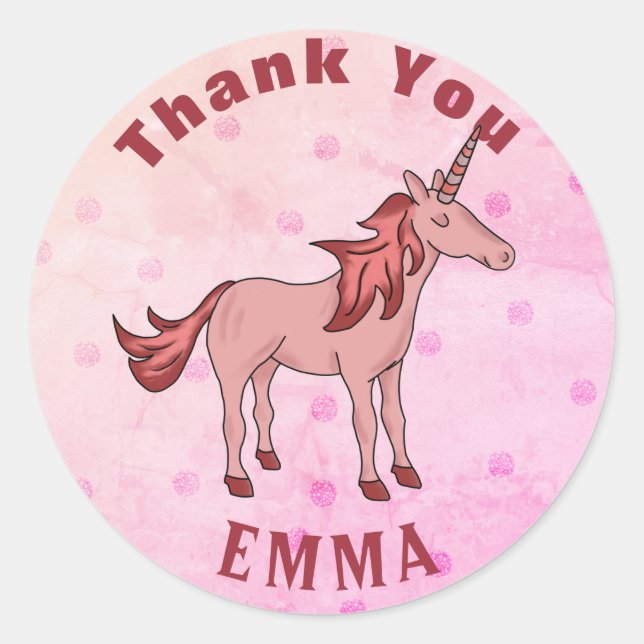 Pink Unicorn Thank You Name Classic Round Sticker (Front)