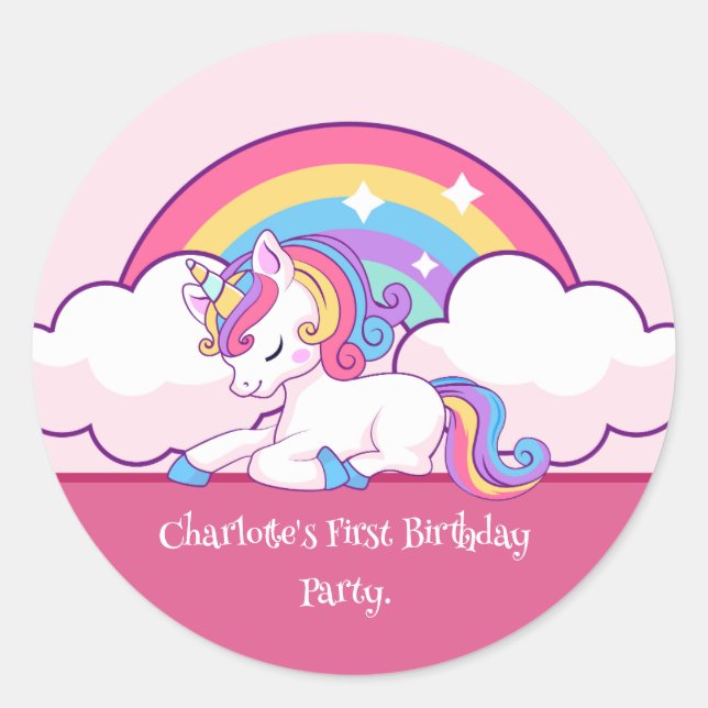 Pink Unicorn Themed Birthday Party favours Classic Round Sticker (Front)