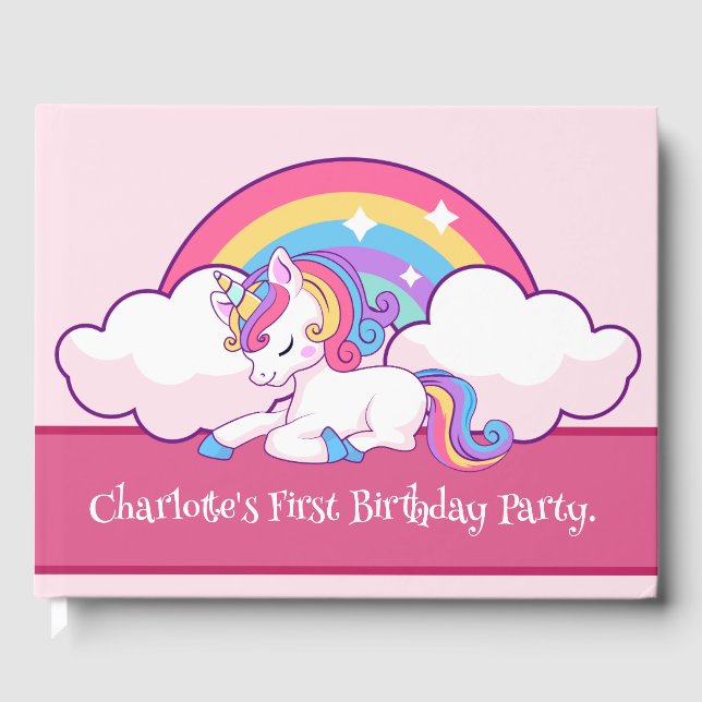 Pink Unicorn Themed Birthday Party Guest Book (Front)