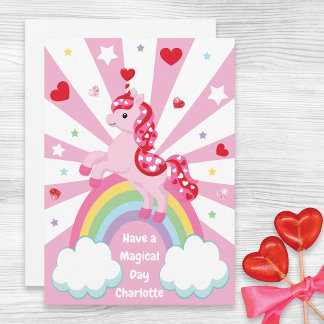 Pink Unicorn Valentine’s Day Kids Classroom Flat  Holiday Card