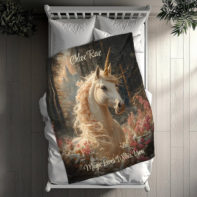 Pink Unicorn Winter Castle Fairytale Woodland Fleece Blanket (Creator Uploaded)