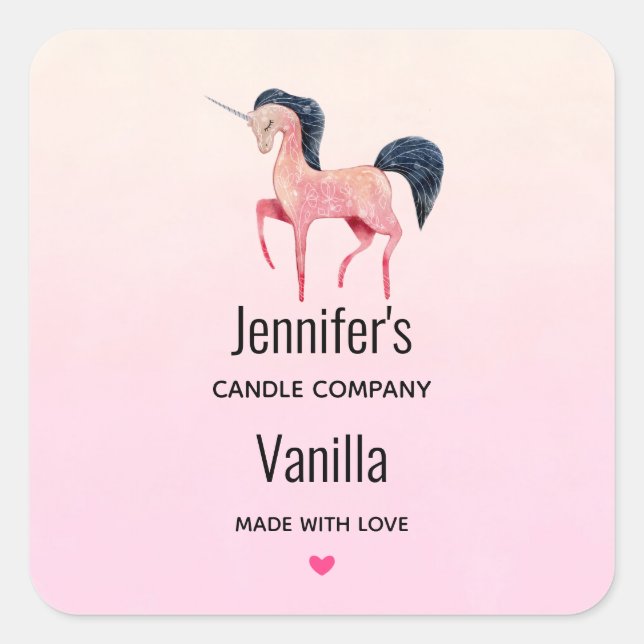 Pink Unicorn with Black Mane Candle Business Square Sticker (Front)