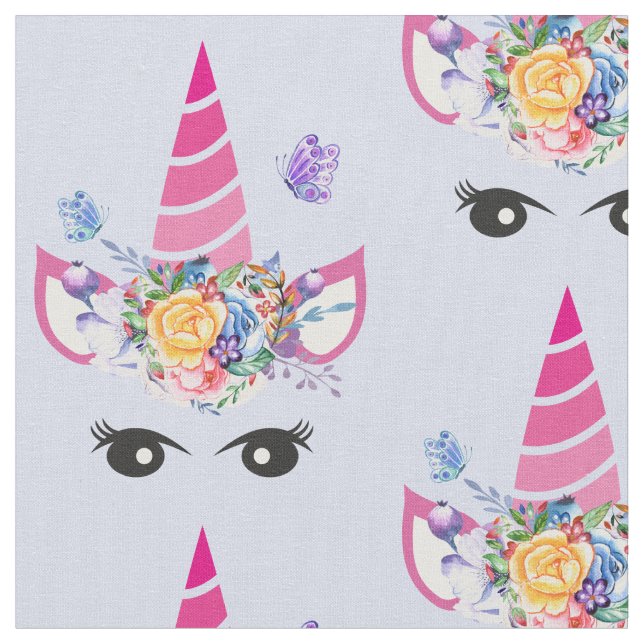 Pink Unicorn with Floral Crown & Butterflies Fabric (Close Up)
