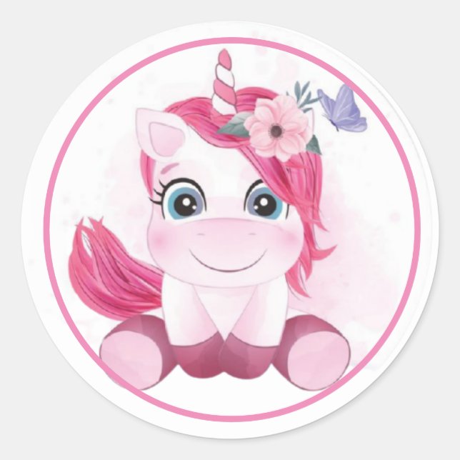 Pink Unicorn with Flowers and Butterfly Classic Round Sticker (Front)