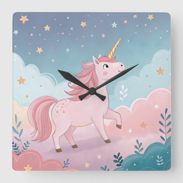 Pink Unicorn with Golden Horn – Pastel Clouds  Square Wall Clock (Front)