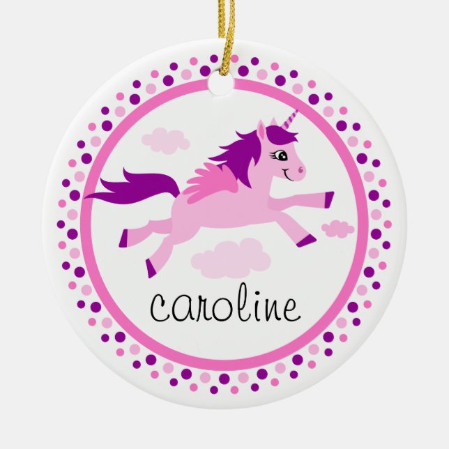 Pink unicorn with wings personalized name ceramic ornament (Front)
