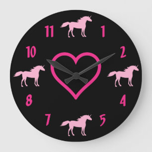 Pink Unicorns with Hot Pink Heart on Black Large Clock