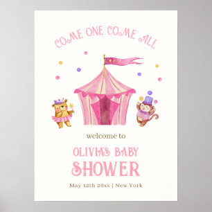 Pink Unique Circus Bear Monkey Baby Shower Welcome Poster