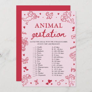 Pink Valentine Animal Gestation Baby Shower Game Invitation