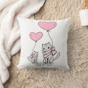 PINK VALENTINE HEART BALLOONS WITH GRAY KITTENS THROW PILLOW