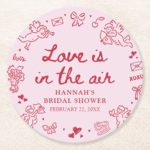 Pink Valentine Love is in the Air Bridal Shower Round Paper Coaster