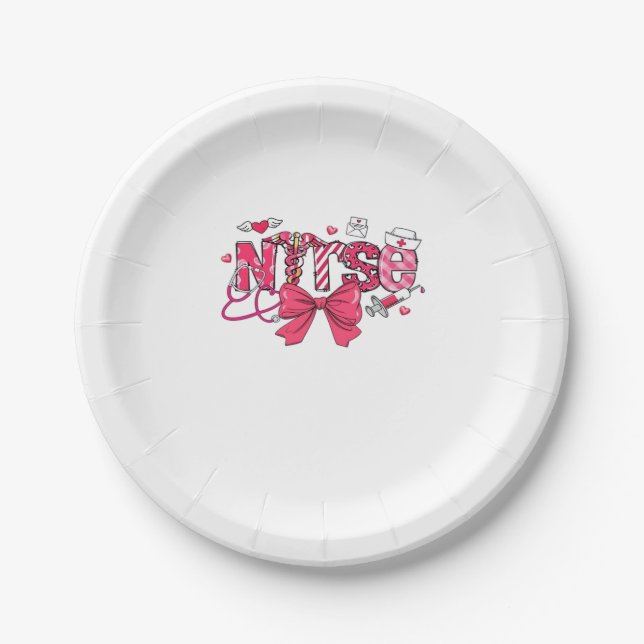 Pink Valentine Nurse, Valentine Coquette Bow Overs Paper Plate (Front)