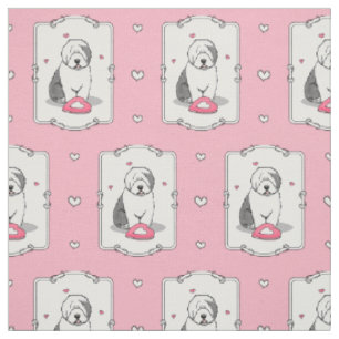 Pink Valentine Old English Sheepdog Dog Grey 1 Fun Fabric