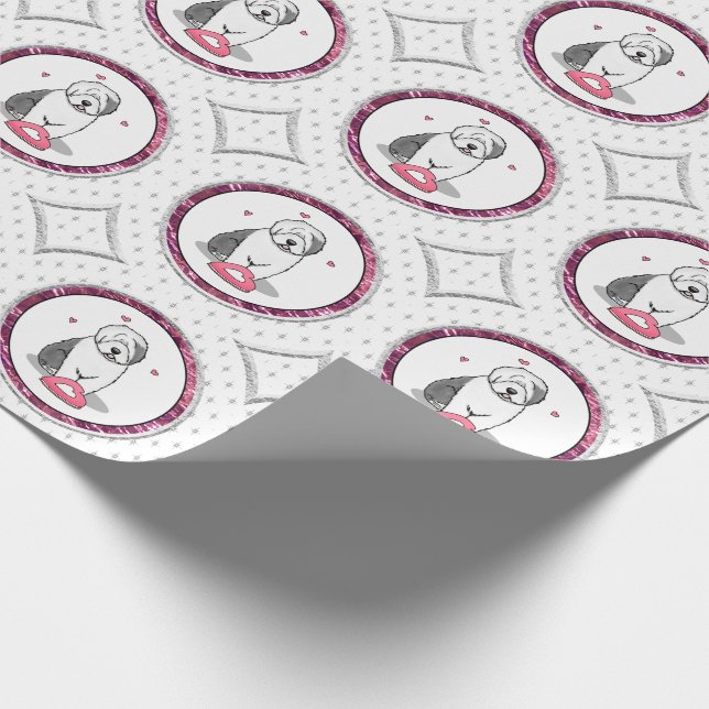 Pink Valentine Old English Sheepdog Dog Grey 1 Fun Wrapping Paper (Corner)