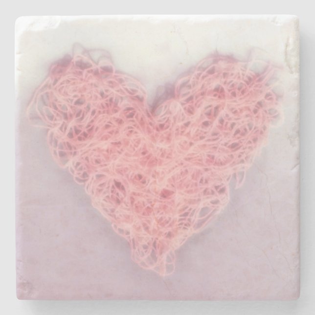 Pink Valentine’s Day Woollen Yarn Knitting Heart Stone Coaster (Front)