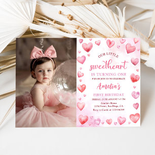 Pink Valentine Sweetheart 1st Birthday Photo Invitation