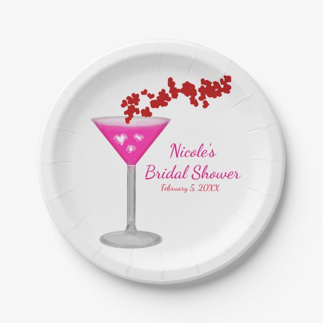 Pink Valentine's Day Cocktail Custom Party Paper Plate (Front)