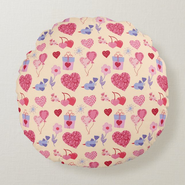 Pink Valentine's Day Icon Pattern Round Pillow (Front)