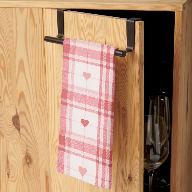 Pink Valentine's Day Romantic Plaid Heart Pattern Kitchen Towel (Thirds Fold)