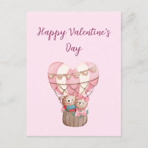 Pink Valentine's Day teddy bear hot air balloon Ca Postcard
