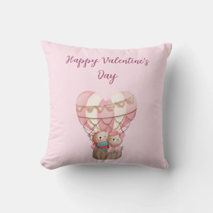 Pink Valentine's Day teddy bear hot air balloon Throw Pillow