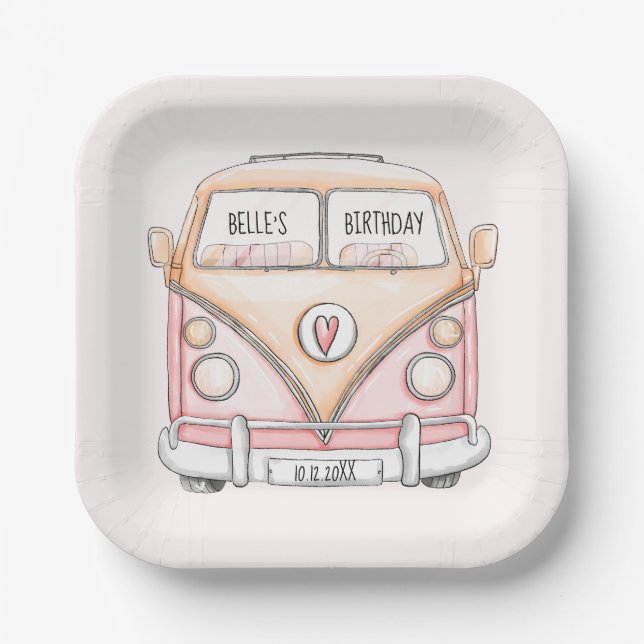 Pink van vintage birthday paper plate (Front)