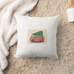 Pink Van with Christmas Tree Throw Pillow