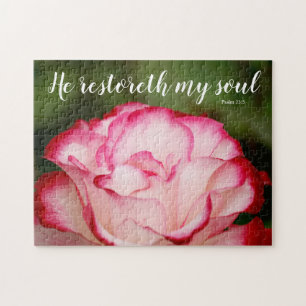 Pink Variegated Rose Psalm 23:3 Scripture Jigsaw Puzzle