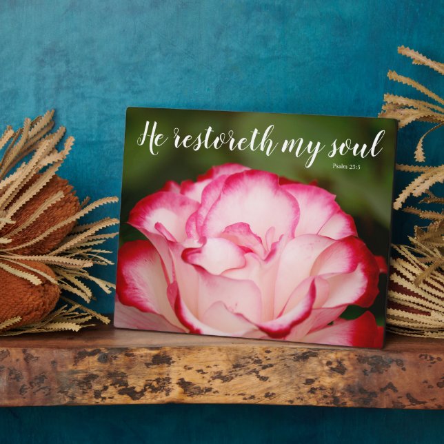 Pink Variegated Rose Psalm 23:3 Scripture Plaque (Side)