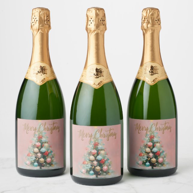 Pink Velvet Christmas Tree Beverage Labels (Bottles)