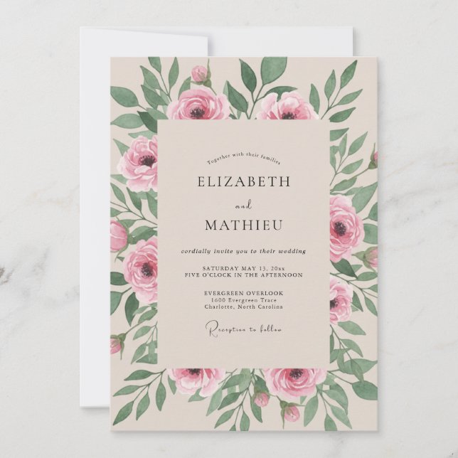Pink Verdant Botanical Romance Wedding Invitation (Front)