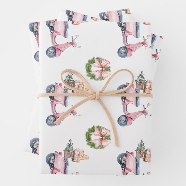 Pink Vespa Christmas Shopping Wrapping Paper Sheet (In situ)