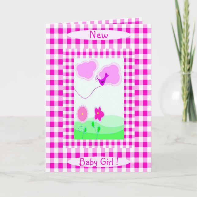 Pink Vichy Nouveau bébé fille Faire-part (Devant)