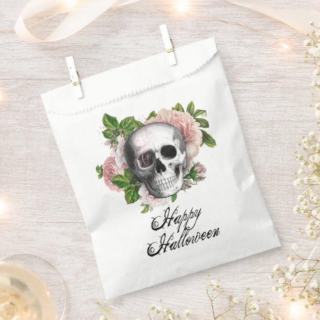 Pink Victorian Gothic Skull Damask Halloween Favour Bag (Clipped)