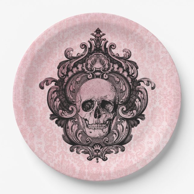 Pink Victorian Gothic Skull Halloween Paper Plate (Front)
