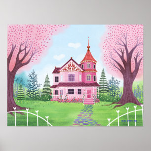 Pink Victorian House & Cherry Blossom  Poster