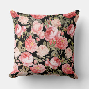 Pink Victorian Roses on Black Pattern Throw Pillow