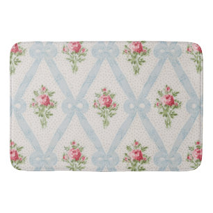 Pink Victorian Roses w/Blue Ribbon Lattice Bath Mat