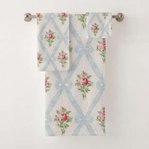 Pink Victorian Roses w/Blue Ribbon Lattice Bath Towel Set