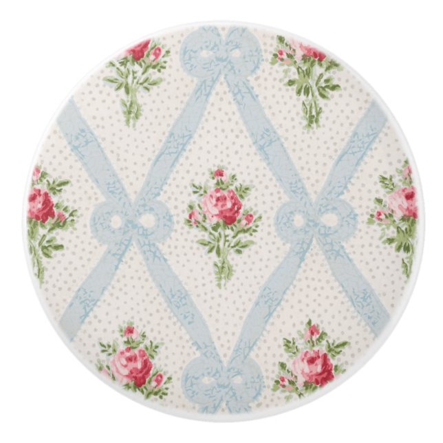 Pink Victorian Roses w/Blue Ribbon Lattice Ceramic Knob (Front)
