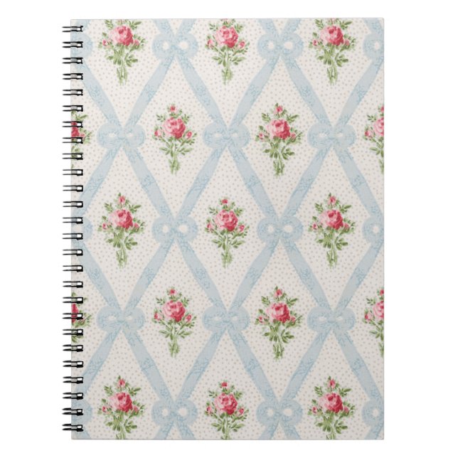 Pink Victorian Roses w/Blue Ribbon Lattice Notebook (Front)
