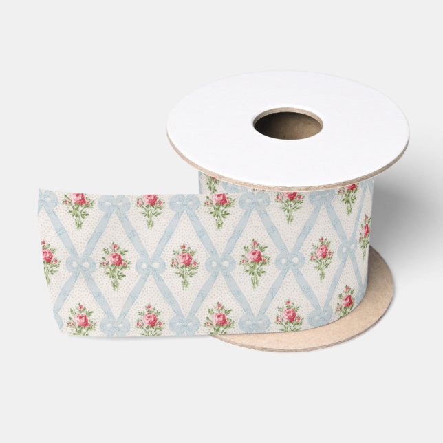 Pink Victorian Roses w/Blue Ribbon Lattice Satin Ribbon (Spool)